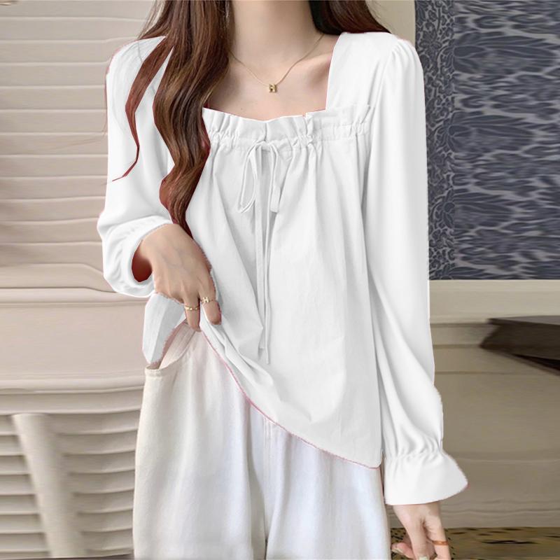 VONDA Women Square Collar Long Sleeve Lace-up Solid Elegant Blouses Tops