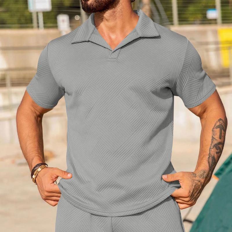 Men Textured Solid Polo Shirt Turn Down Collar Short Sleeve Casual Slim Fit Daily Sport Fashion Tops
