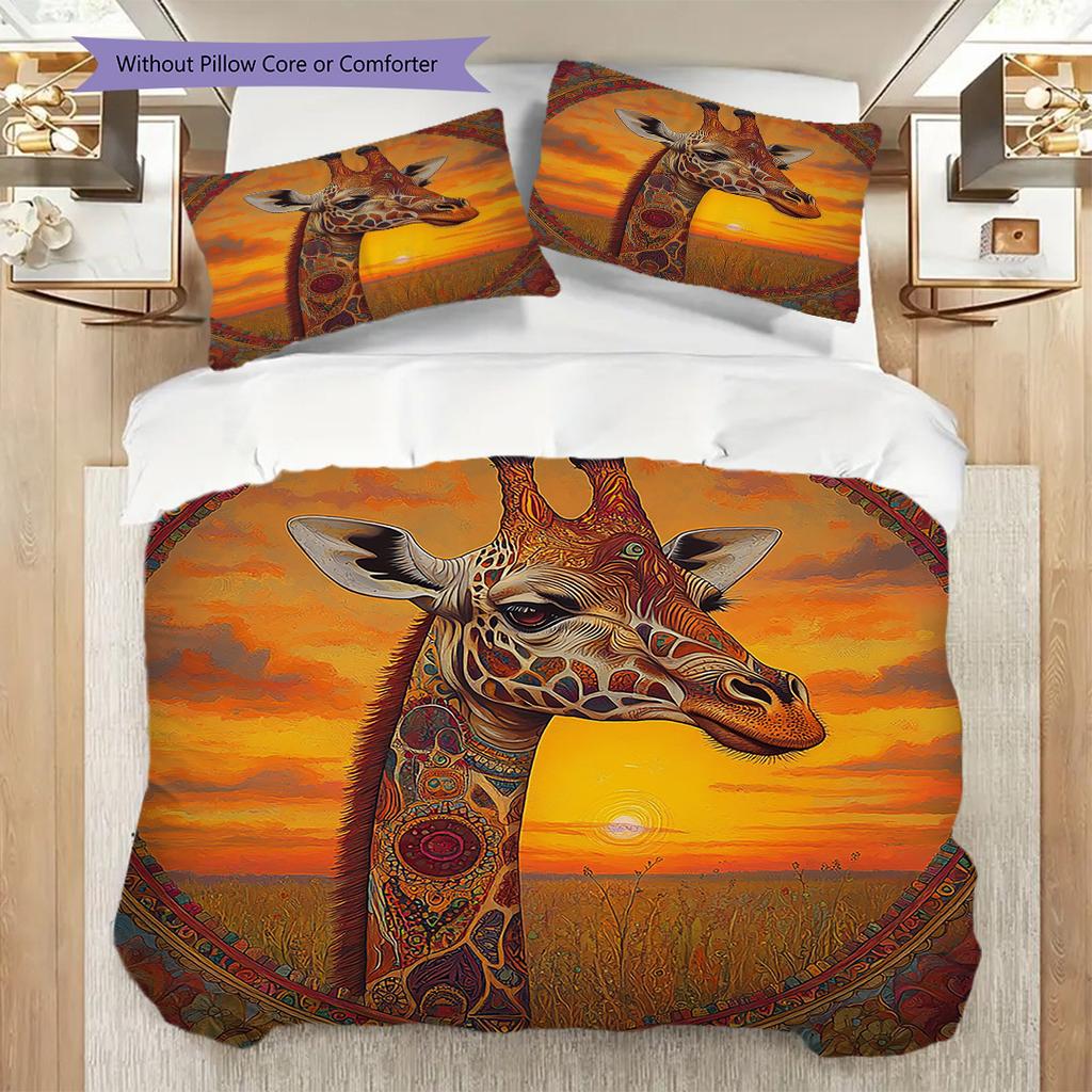 Grassland Giraffe Pattern Bedding Quilt Set Quilt Cover Pillowcase Home Decoration Birthday Gift (1 * Duvet Cover + 2 * Pillowcase, Without Core)