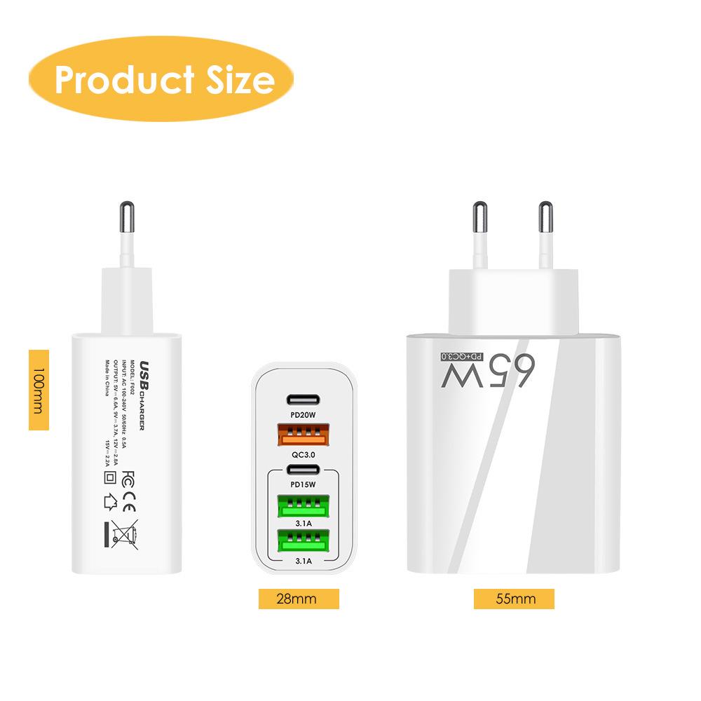 Dual Type-C & Triple USB Multi-Port Charger QC3.0 + PD, 65W Fast Charger for Mobile Phone.