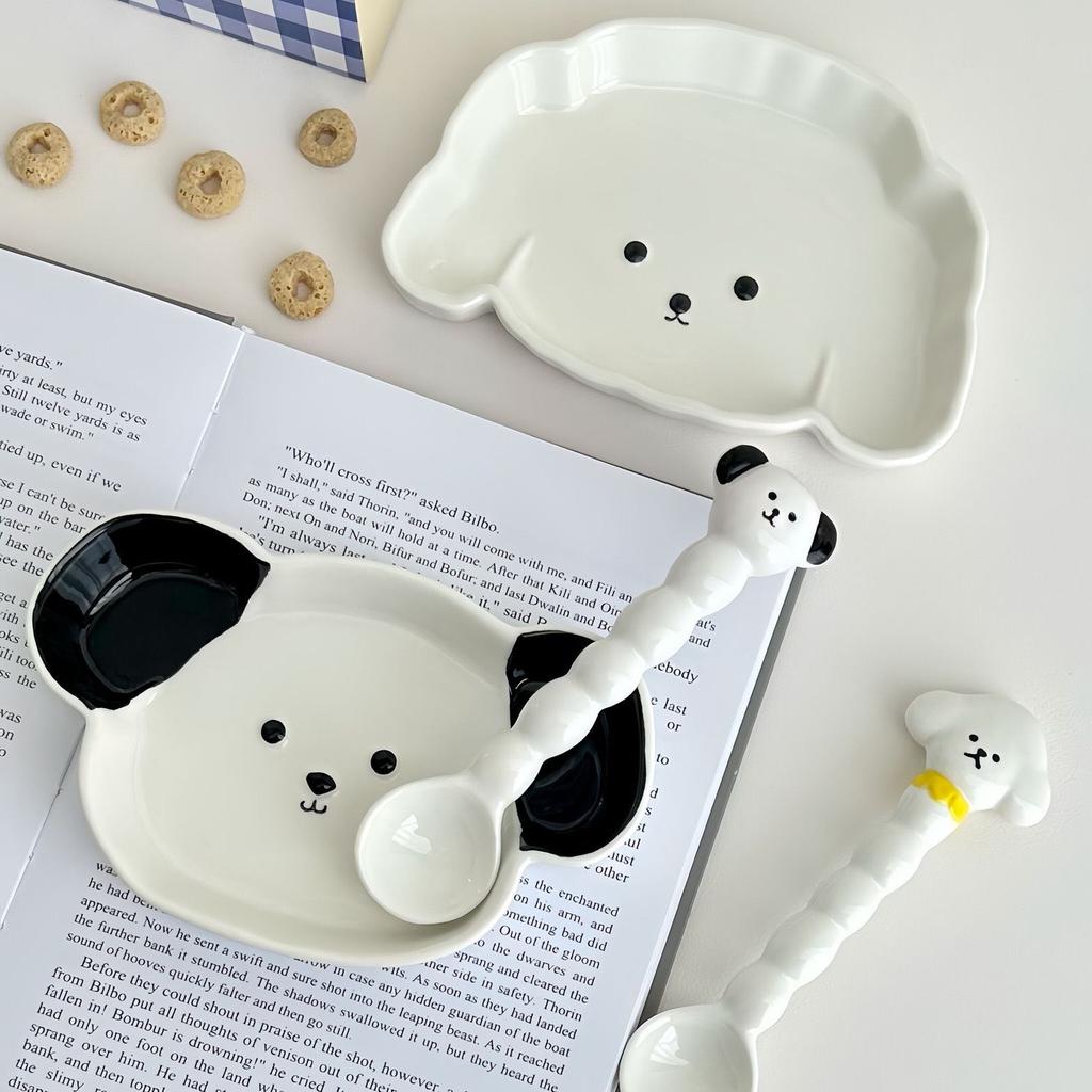 Koreansk Söt Hundformad Salladsskål Skedset Sovsal Nudelskål Keramisk Soppskål Med Handtag Kawaii Keramisk Tallrik Rätt