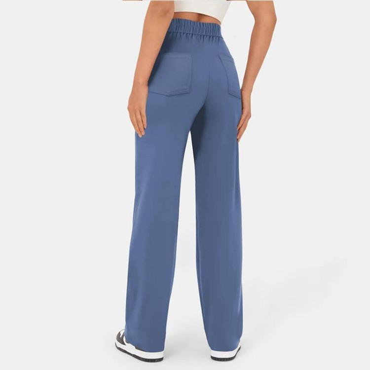 New Women High Waist Casual Straight Pants with Pockets European American Fashion Elastic Waist Button