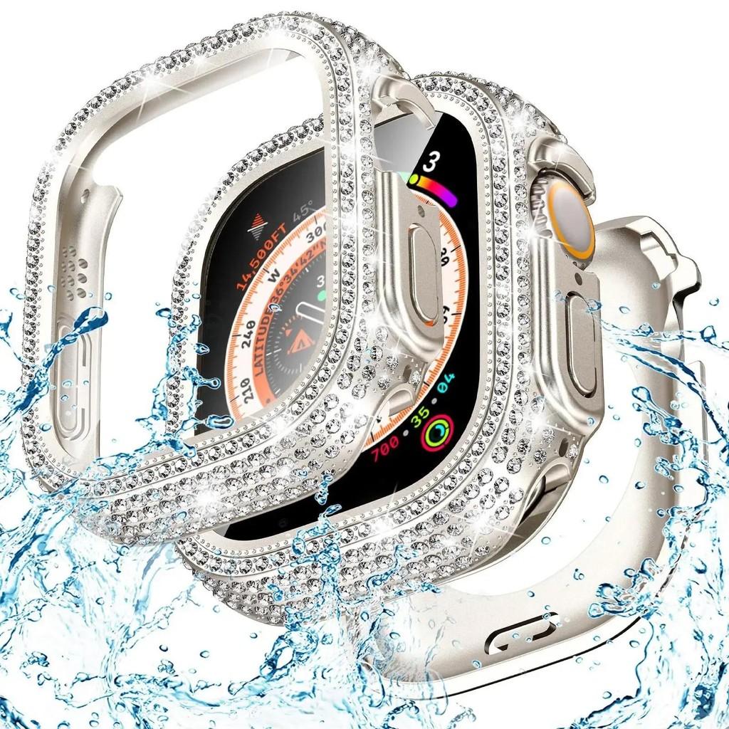 Bling Glass+Cover Case Diamond PC Bumper+Screen Protector For Apple Watch 45mm 44mm 40 41mm Iwatch Series 10 46mm 42mm 9 8 7 5 6