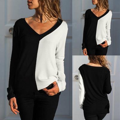 Fashion Women V-Neck Long Sleeves Color Splicing Easy Tops Loose Blouse