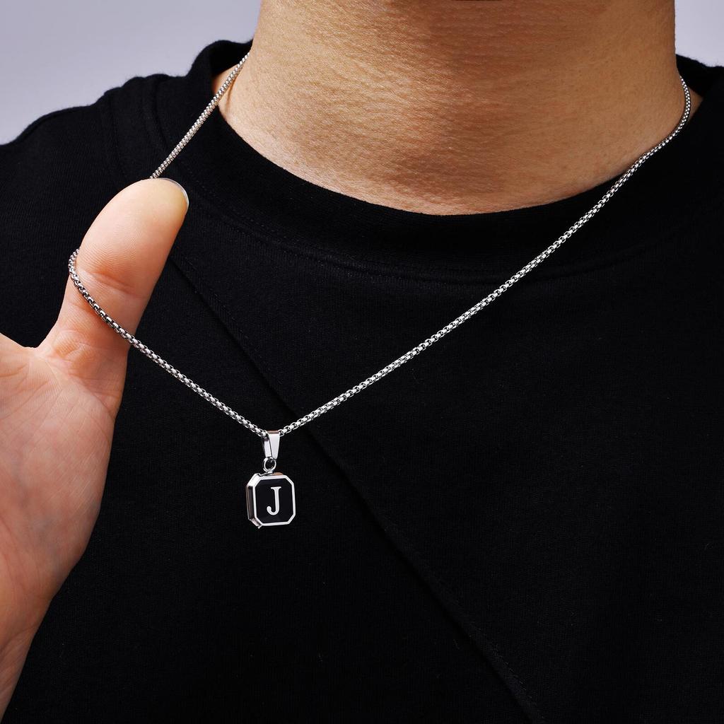 Initials Square Pendant Necklace for Men Women,50/55/60CM Waterproof Stainless Steel Necklace,Trendy Zircon Gift