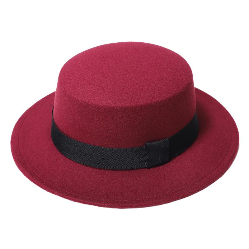 Unisex Retro Geruit Lint Brede Rand Fedora Hoed, Brits Plat Top Wol Ontwerp, Herfst/Winter Zonbescherming