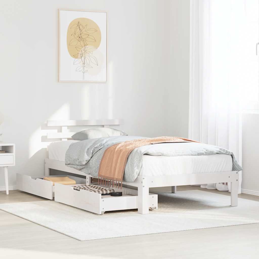 Solid Wood Bed with Drawers White 90x200 cm Pine