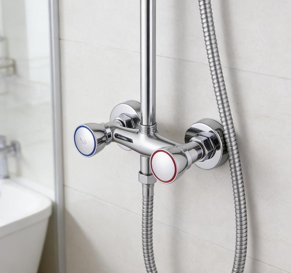 1PC Shower Faucet 4-Point Pipe Connection Copper Dual Handle Shower Mixer Tap Wall Mounted Hot Cold Water Bath Faucet Parts