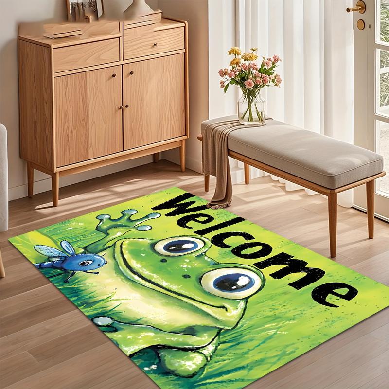 Cute Frog Welcome Pattern Soft Area Rug Non Slip Decorative Floor Mat for Living Room Bedroom Kids Playroom Entryway