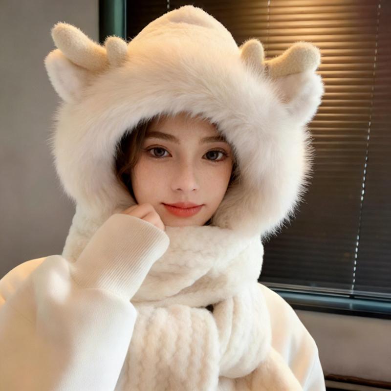Fashion Elk Antlers Plush Hat Scarf Gloves Women's Winter Ear Protector Thickened Ear Muffs and Neck Warmer Hat Cycling Ski Cap Wind Proof