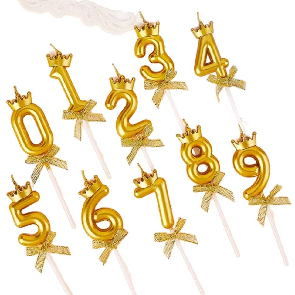 Gold Crown Number Birthday Candles Luxury Metallic Numeral Cake Toppers Happy Birthday Party Decorations for Kids Adults Men Women