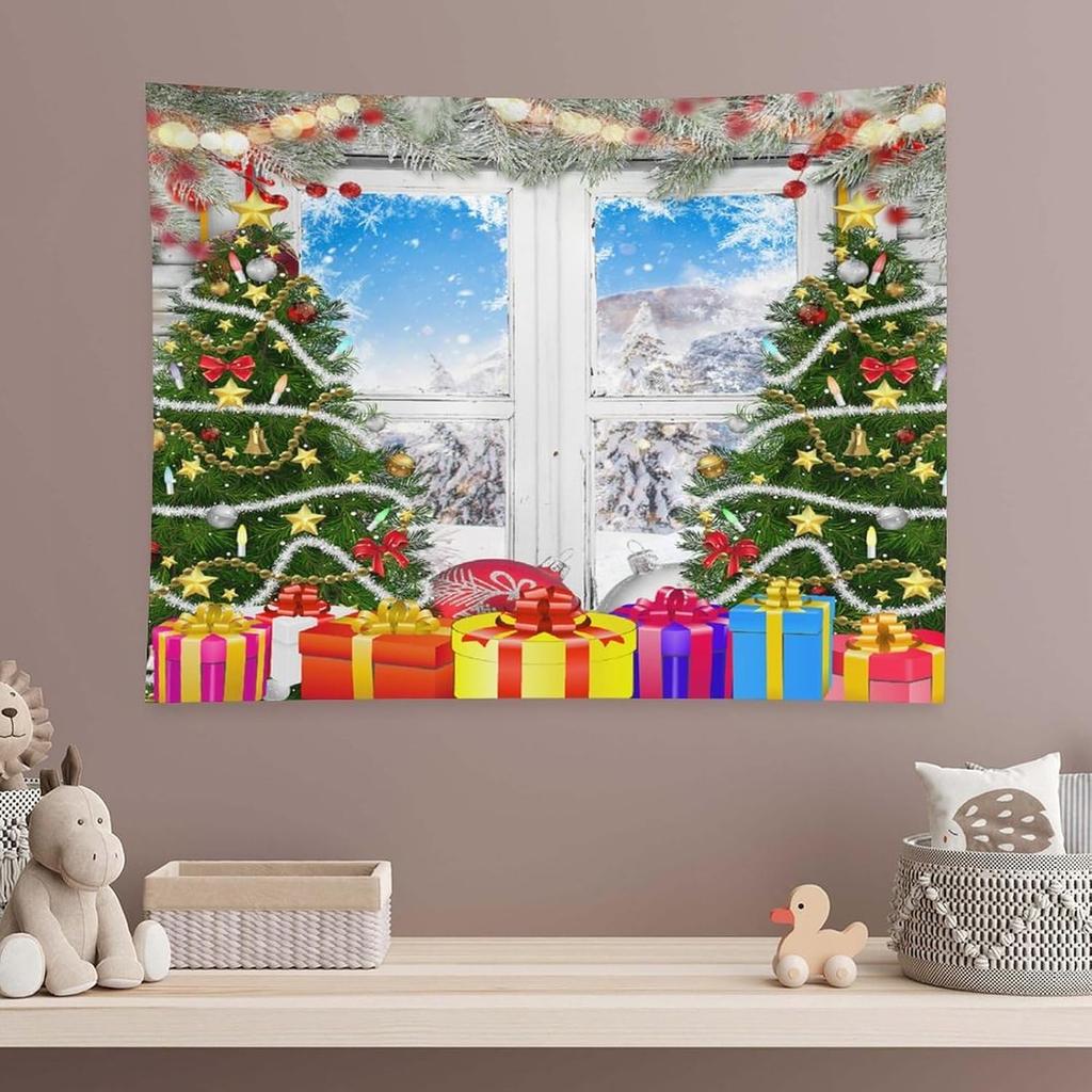 Christmas Studio Tapestry Wall Hanging Christmas Wooden Doors Windows Winter Snow Scene Xmas Trees Gifts Art Wall DecorChristmas