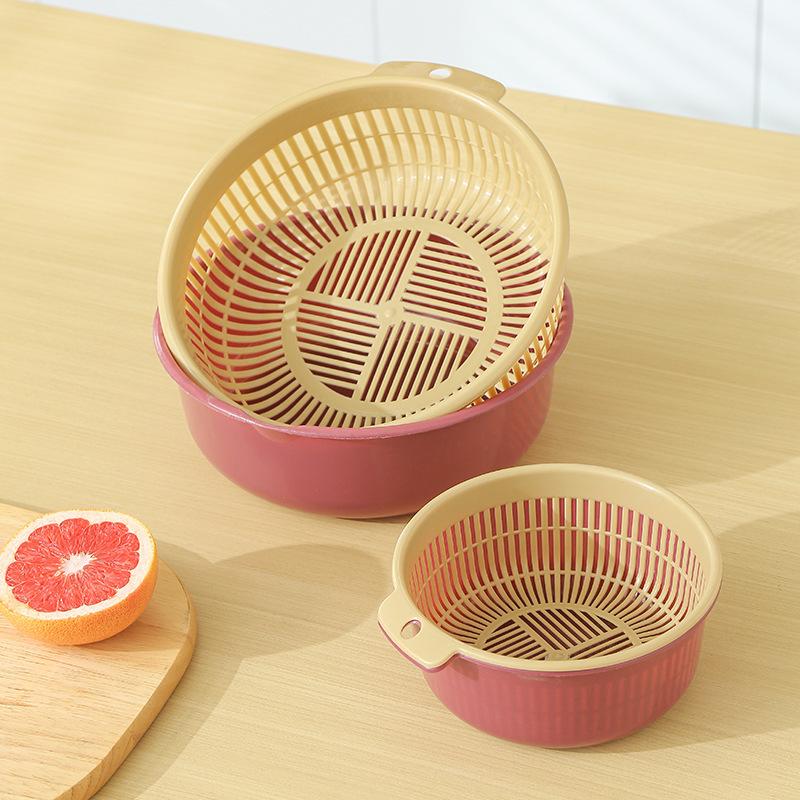 Vegetable Basin Plastic Double-Layer Drain Basket Leaky Basin Rice Vegetable Blue Vegetable Basin Household Kitchen Fruit Plate