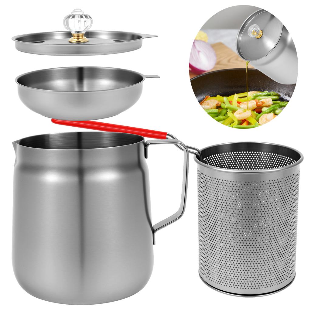 1.5/2L Oil Filter Pot 304 Stainless Steel Oil Strainer Pot with Deep Fryer Basket and Strainer Cooking Grease Container for Home