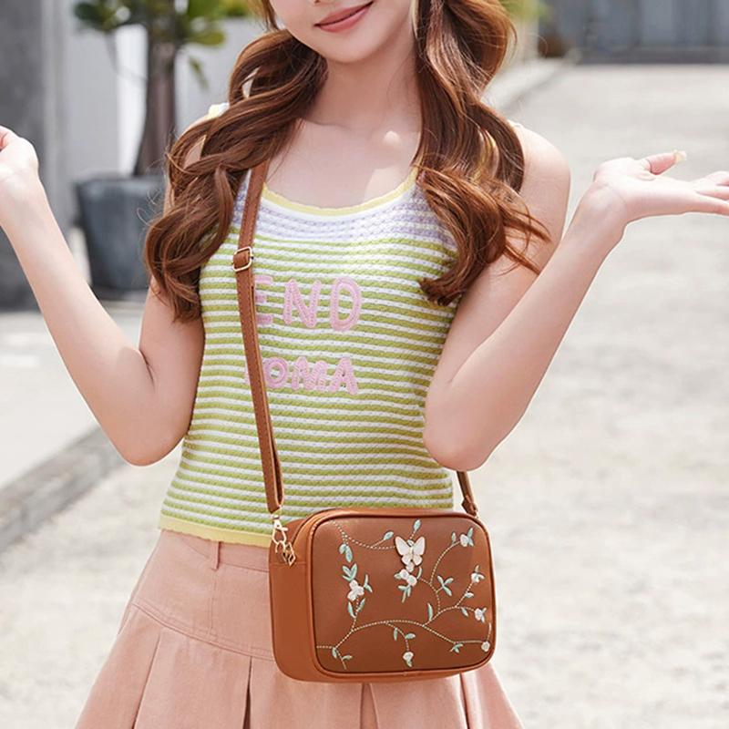 Embroidered Flower Bow Camera Bag Simple Women's Casual Small Square Bag PU Leather Shoulder Crossbody Bag AVE