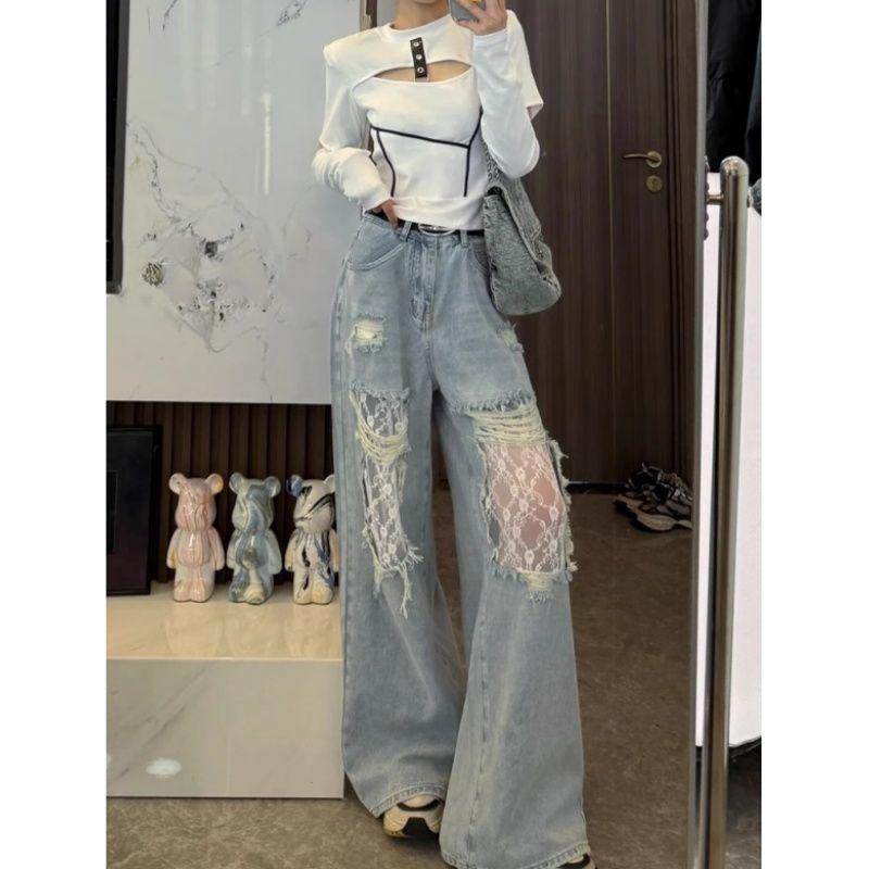 

Весенне-летние джинсы с высокой посадкой, кружевной отделкой и эффектом потертости для женщин, свободные брюки прямого кроя с широкими штанинами, дизайн в стиле пэчворк, модные брюки 5XL