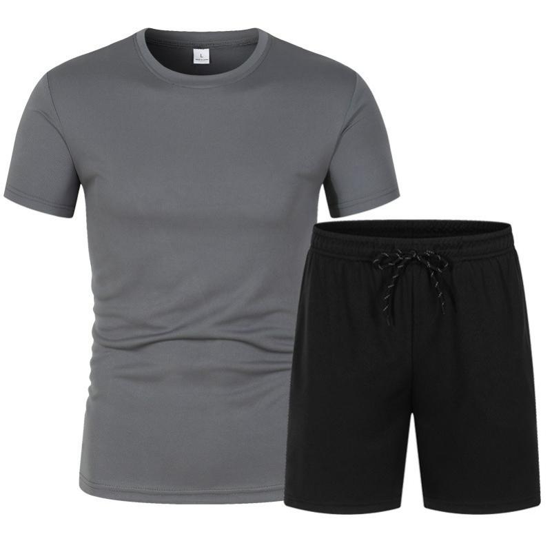 Mesh Short-sleeved Suit Summer Men's 2-piece Breathable Jersey T-shirt Sports Five-point Shorts Solid Color Casual Suit