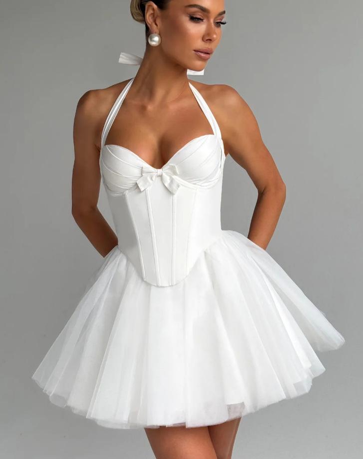 Mini Abito da Donna con Scollo a V all'Americana Senza Maniche Vita Alta Corsetto Decorazione Fiocco Gonna Tutù in Tulle Abito Corto per Festa Cocktail Estiva