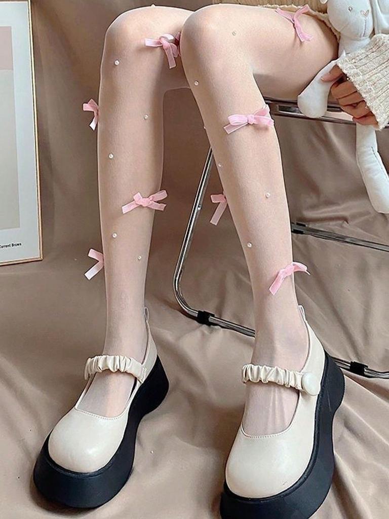 Schleife weiße Strümpfe für Damen Sommer dünn Anti-Haken Seide Lolita reine Begierde Perlschwarz Strümpfe