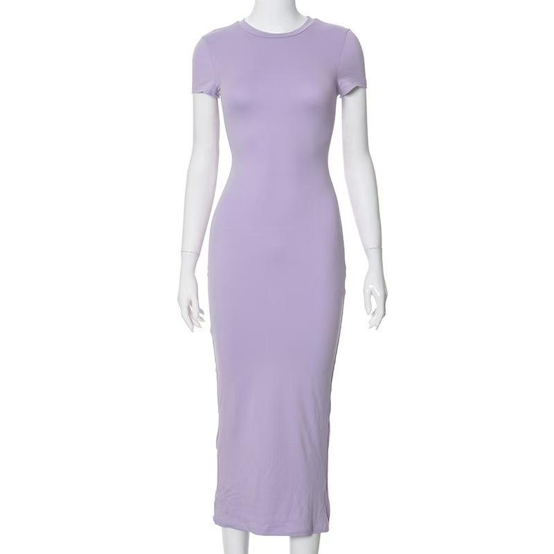 New Short Sleeve Summer Bodycon Dress O Neck Solid Color Elegant Fashion Casual Party Dresses Sexy Slim Fit Clothing