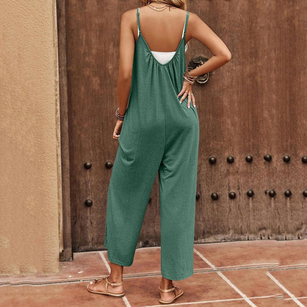 Women's Casual -Color Pleated Pocket Backless Loose Shoulder Strap Adjustable Jumpsuit