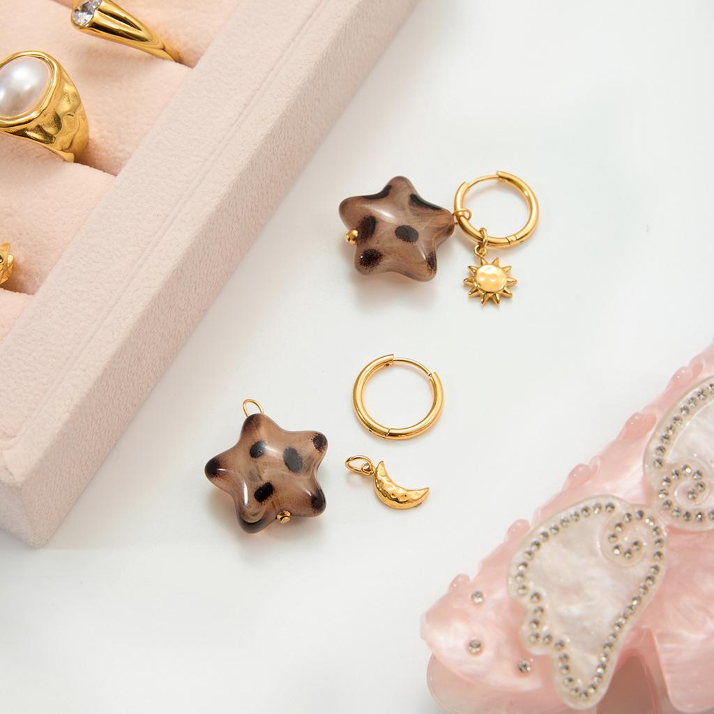 Youthway Leopard Print Acrylic Star Drop Earrings For Women  Gold Plated Stainless Steel Moon Sun Asymmetric Earrings Gift