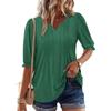 Solid Color V Neck Puff Sleeve Loose Casual Five Quarter Sleeve T Shirt