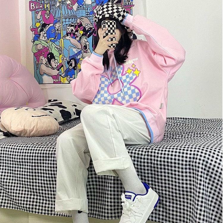 Kawaii Sweet Pink Hoodies Velvet Women Harajuku Japanese Fashion Hooded Sweatshirts Preppy Style Flower Embroidery Tops Winter Female