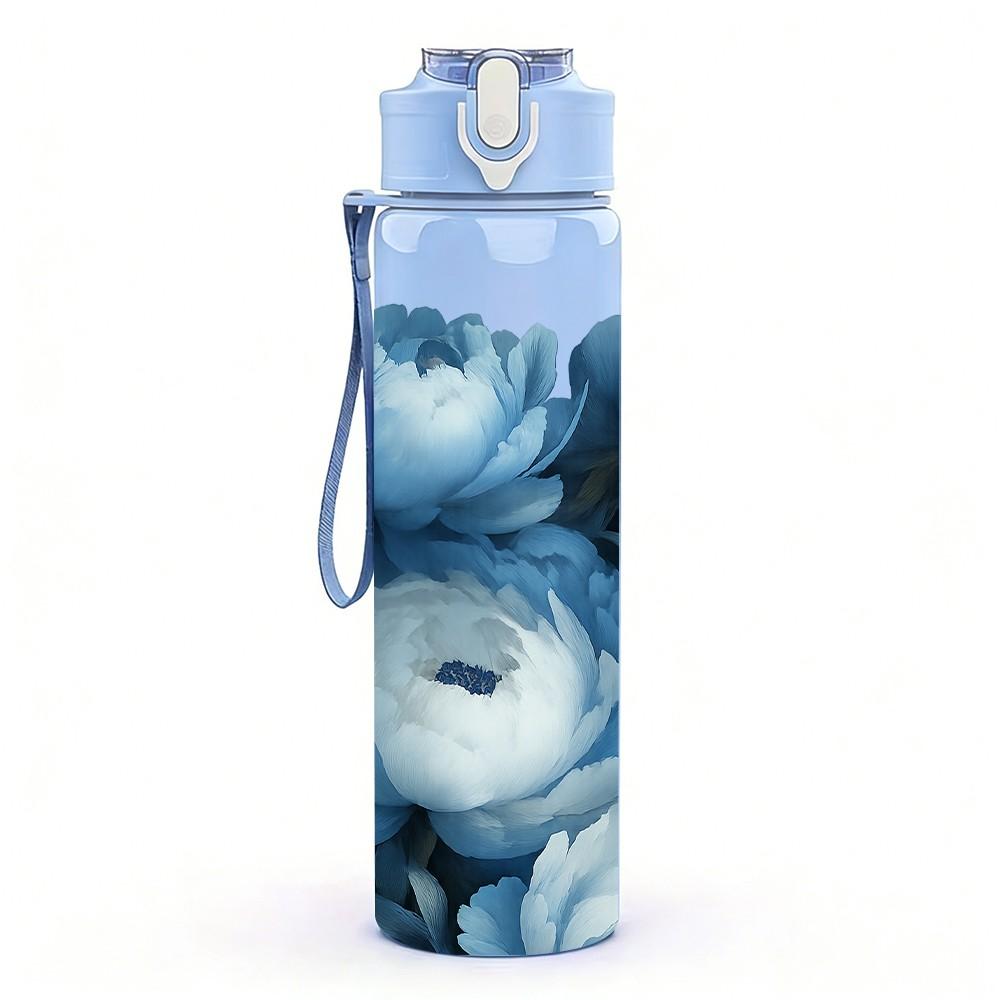 1PC Deep Blue Peony Rose Flower Print 750ml Color Plastic Sports Water Bottle Leakproof Flip Straw Lid Suitable for Sports Office Home Use