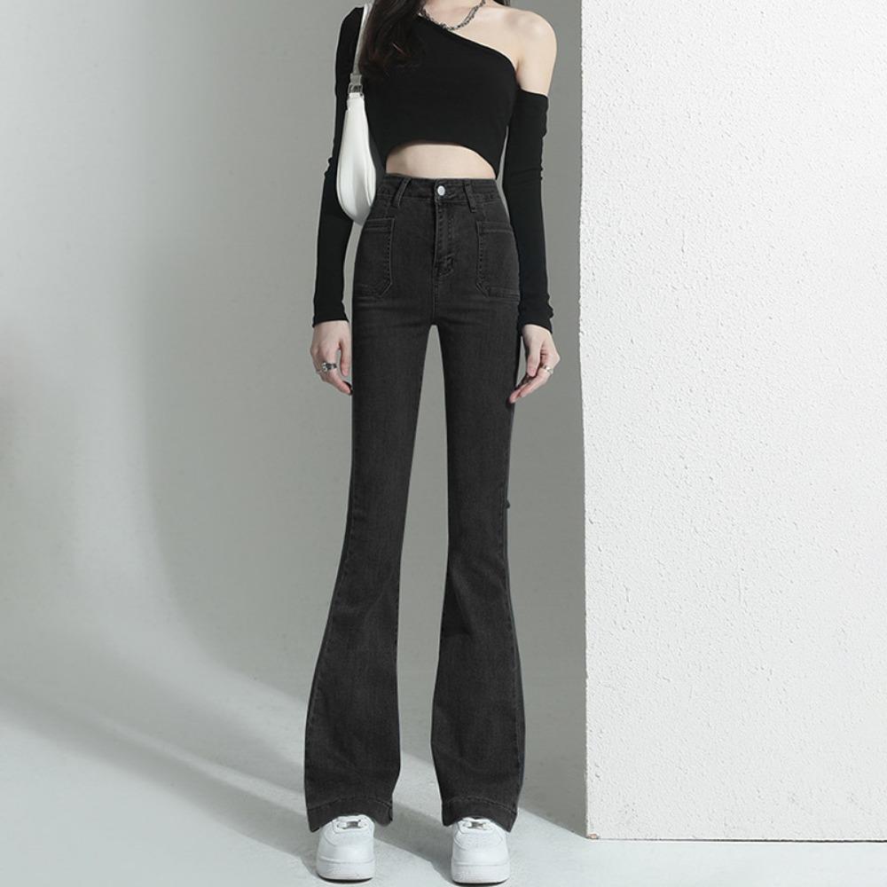 Spring and Autumn New Micro-pull Jeans Women's High Waist Slim-fitting Elastic and Thin Retro Horn Pants Trendy Ins