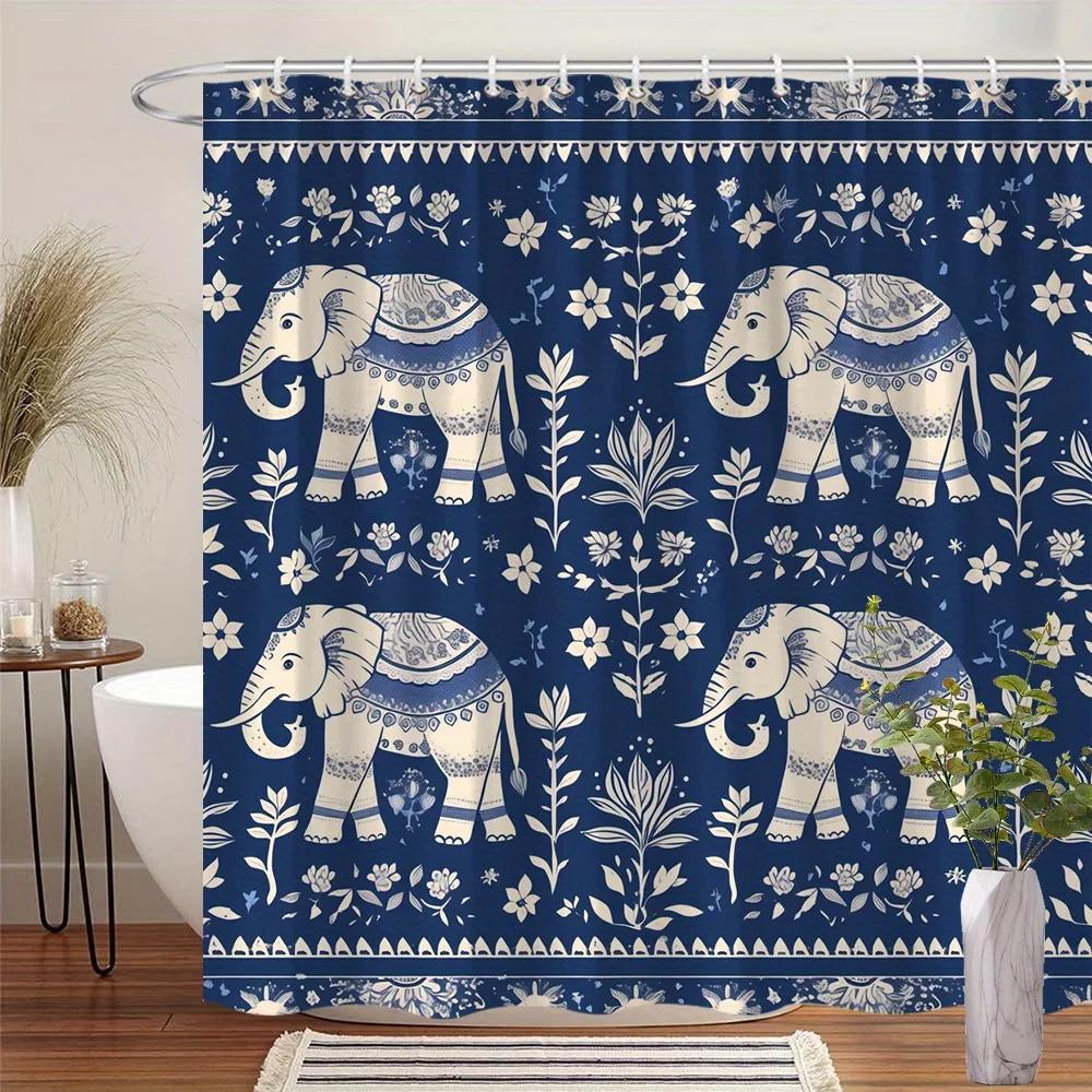 Blue & White Tribal Elephant Shower Curtain - Floral Motifs, Traditional Art,  12 Hooks, Home Bath Decor W90xH180cm