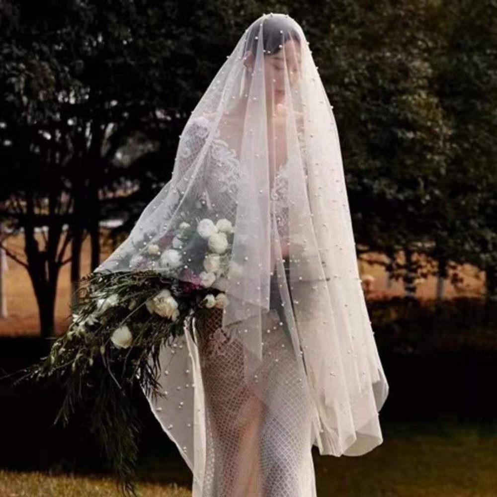 2 Tiers Blusher White Pearls Drop Veil New Bridal Veil Sewing DIY Crafts