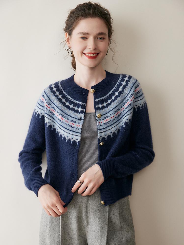 Women's Fair Isle Cashmere Cardigan: Loose, Long Sleeve Knit Sweater for Autumn/Winter