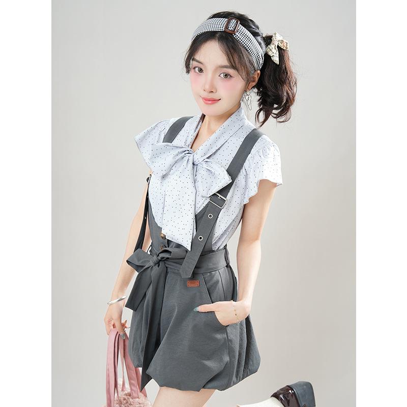 Summer Butterfly Knot Tie-Up Shirt & Bloomers Set - Petite Sweet Short Sleeve Two-Piece Outfit L