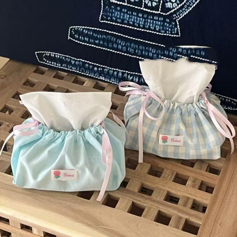 Blue Plaid Bow Tissue Bag: Single-layer Drawstring Cover for Living Room or Bedroom Storage