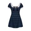Academy Style Small Dress Women's New French Square Collar Blue Plaid Bubble Sleeve Waist Temperament Skirt Summer