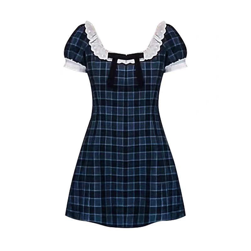 Academy Style Small Dress Women's New French Square Collar Blue Plaid Bubble Sleeve Waist Temperament Skirt Summer