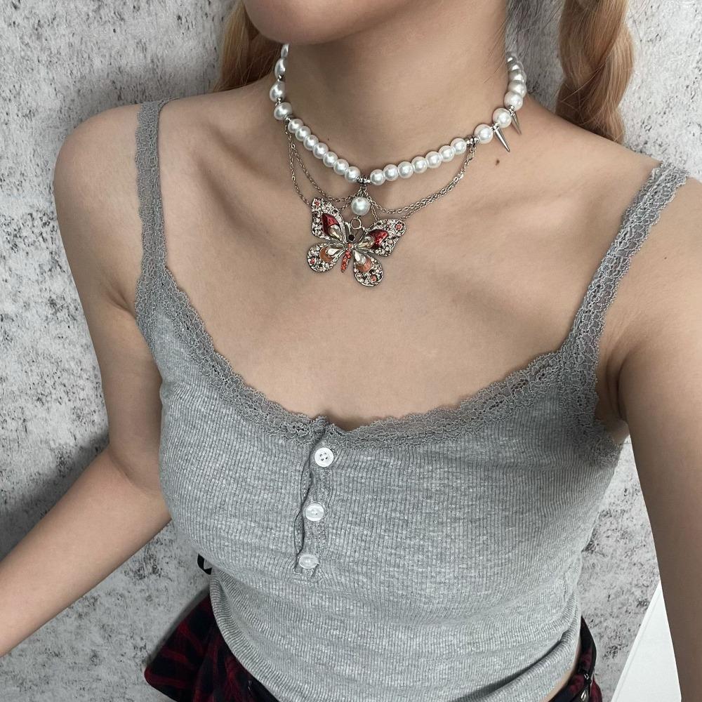 Rhinestone Vintage Metal Necklace Tassel Women's Choker Retro Butterfly Pearl Necklace  Girls