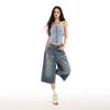 Fashion Summer Vintage Whisker Unisex Streetwear Wide Leg Loose Straight Denim Cropped Capri Pants Trendy Versatile Slimming Couple Outfit