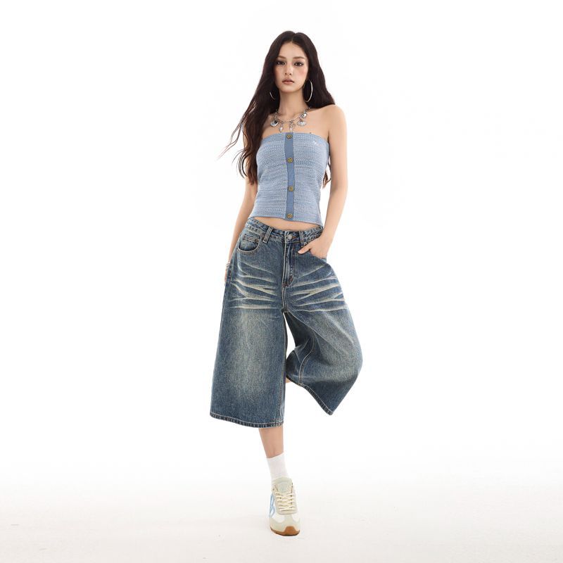Fashion Summer Vintage Whisker Unisex Streetwear Wide Leg Loose Straight Denim Cropped Capri Pants Trendy Versatile Slimming Couple Outfit