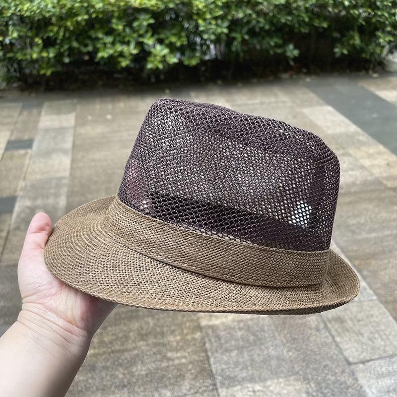 

Large Summer Men S Middle-Aged And Elderly Grass Top Hat Mesh Breathable Sun Hat Jazz Hat Rolled Sun Protection Straw Hat Big Head M size: 58cm темно-коричневого кольору