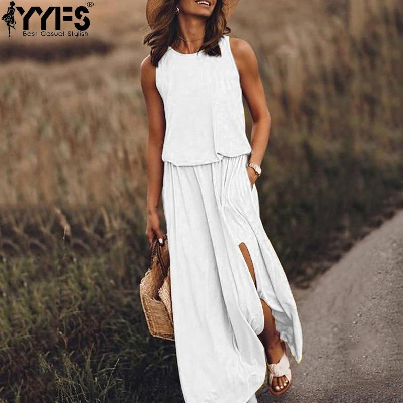 

YYFS Женская мода лето весна однотонный принт без рукавов О-образный вырез средняя талия повседневные платья