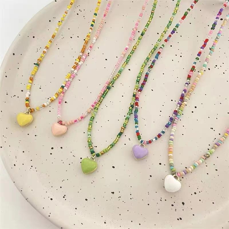 New Versatile Mori Candy Color Love Rice Bead Necklace Beaded Girl Sweet Temperament Clavicle Chain Woman