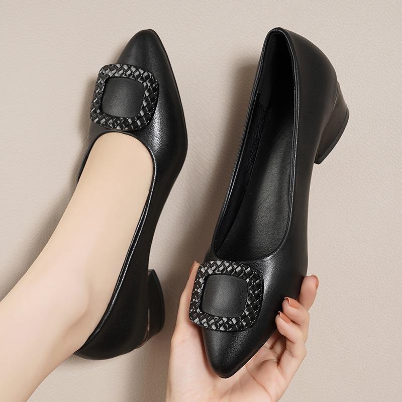 Fashion Single Shoes Women's Spring New Light Mouth Solid Color Work Shoes One Pedal Lazy Shoes Square Buckle Middle Heel Pointed