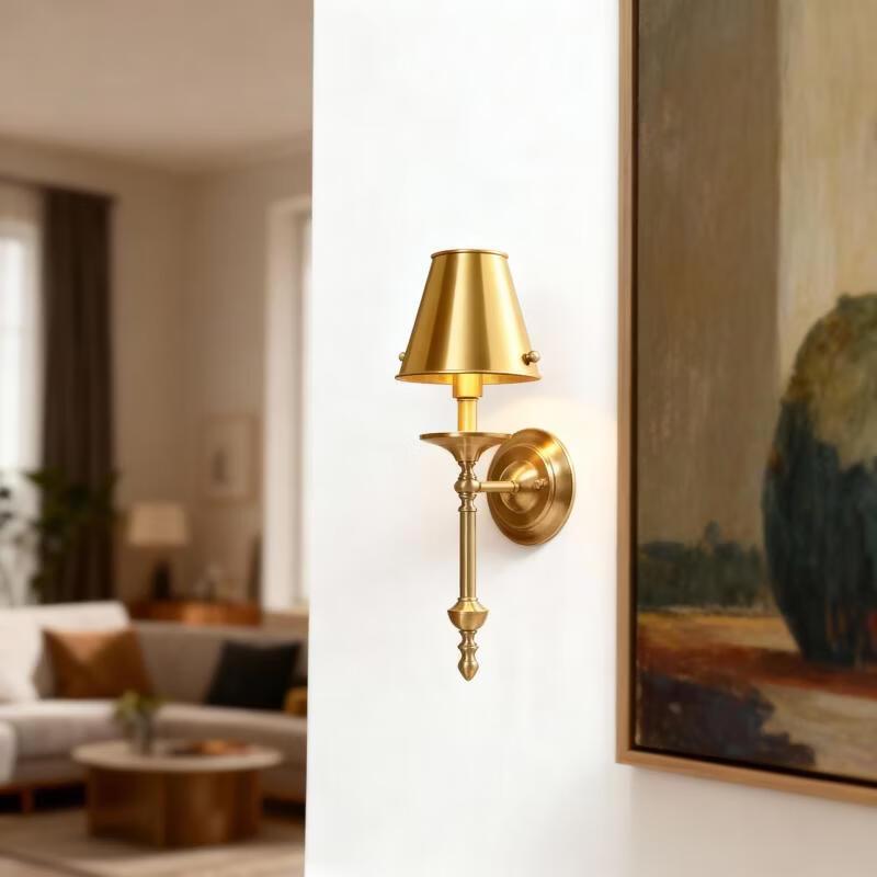 MengPao American Style Copper Wall Lamp with White Fabric Shade