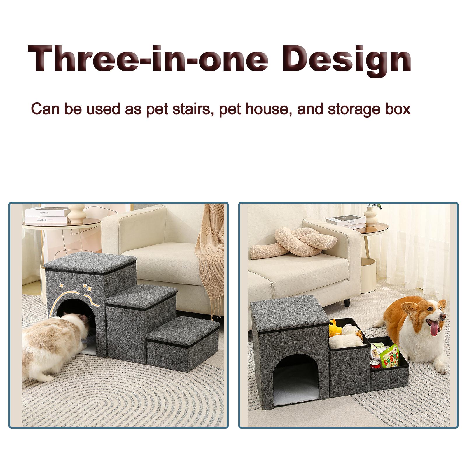

Pet Stairs Foldable Dog Steps Comfortable and Durable Three in one Design Stairs with Storage and Pet House 3 Step Pet серый