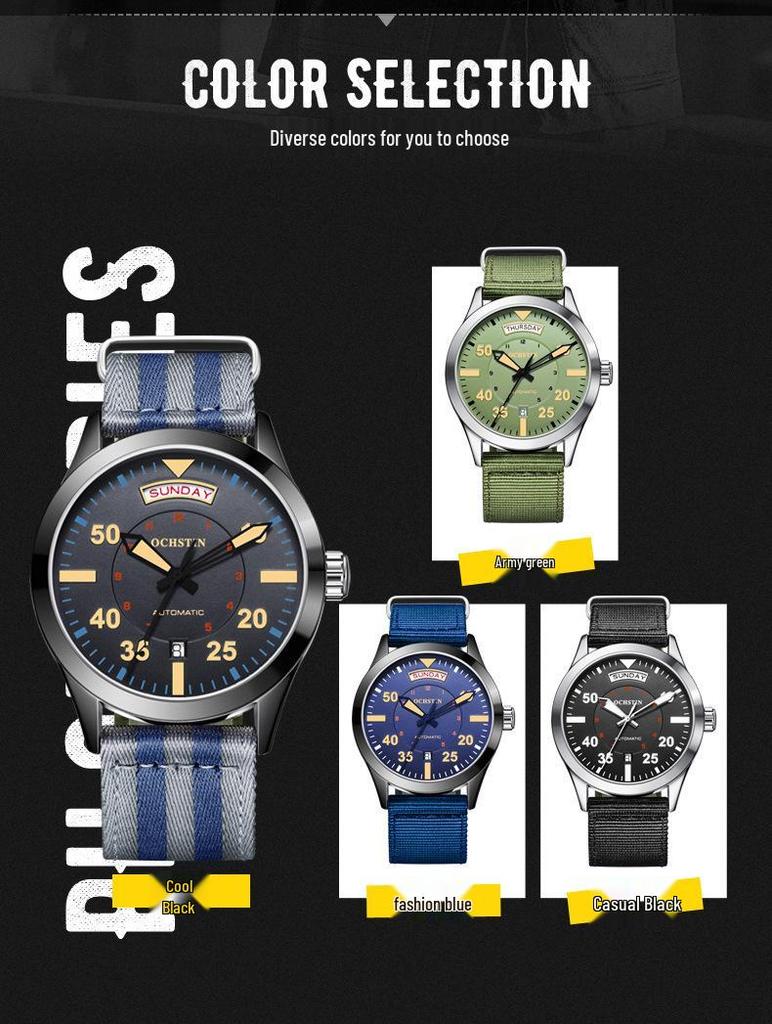 OCHSTIN Swiss Men's Mechanical Watch, High-End Automatic, Waterproof, Dual Calendar, Nylon Strap