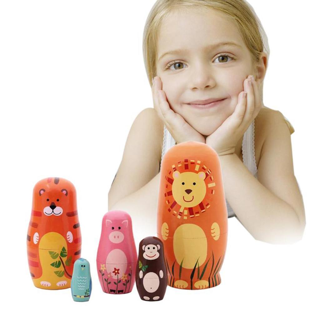 5PCS Animals Russian Dolls Cute Cartoon Animal Pattern Doll Gifts Home Decorations