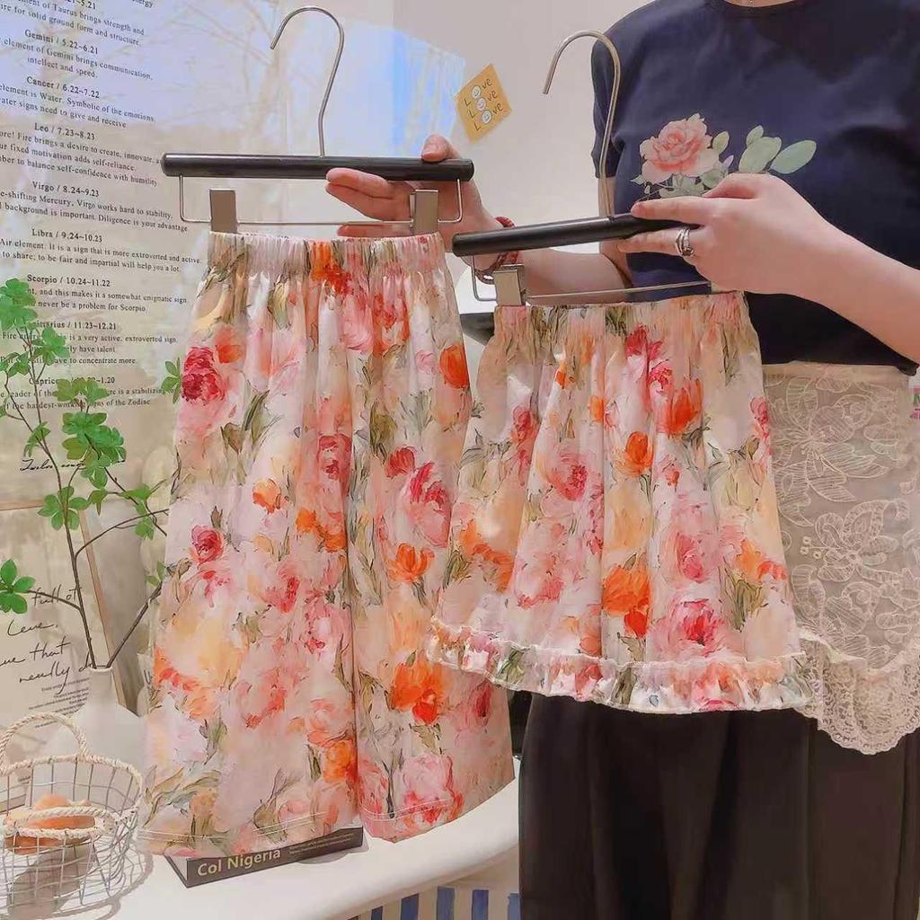 Three-Piece Girls' Summer Floral Set: Ruffle T-Shirt, Lace Shorts, Wide-Leg Pants