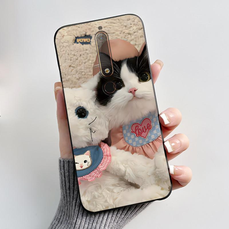 Custodia Per Nokia 6.1 6.1 Plus Custodia Antiurto Estetica Moda Cartone Animato Gatto Carino Nera Gomma Silicone Morbida Cover Bumper Alloggiamento